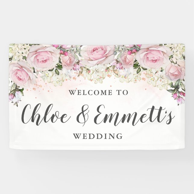 Banderoles Mariage floral rose et blanc rustique (Horizontal)