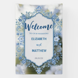 Banderoles Mariage moderne bleu & blanc de superposition fleu