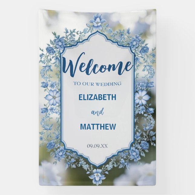 Banderoles Mariage moderne bleu & blanc de superposition fleu (Verticale)