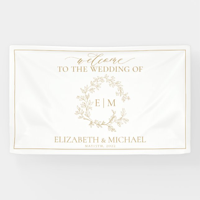 Banderoles Mariage Monogramme de cime dorée moderne (Horizontal)