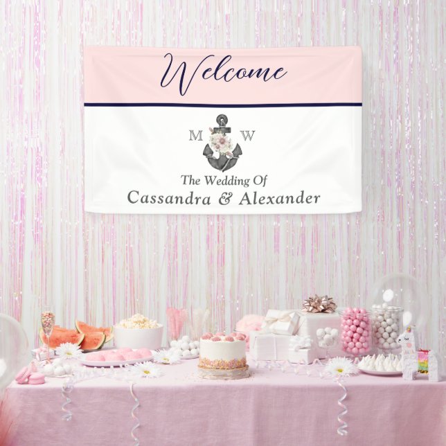 Banderoles Mariage nautique Floral Ancre Rose Marine Bienvenu (Fête)