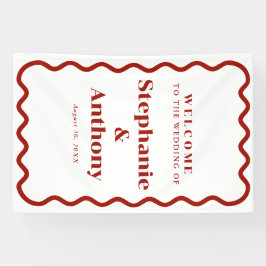 Banderoles Mariage Rouge Foncé Bordure Ondulée Rétro Années 5