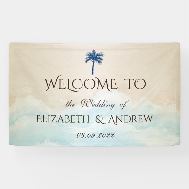 Banderoles Mariage Tropical de la Plage Paillettes Palmier (Horizontal)