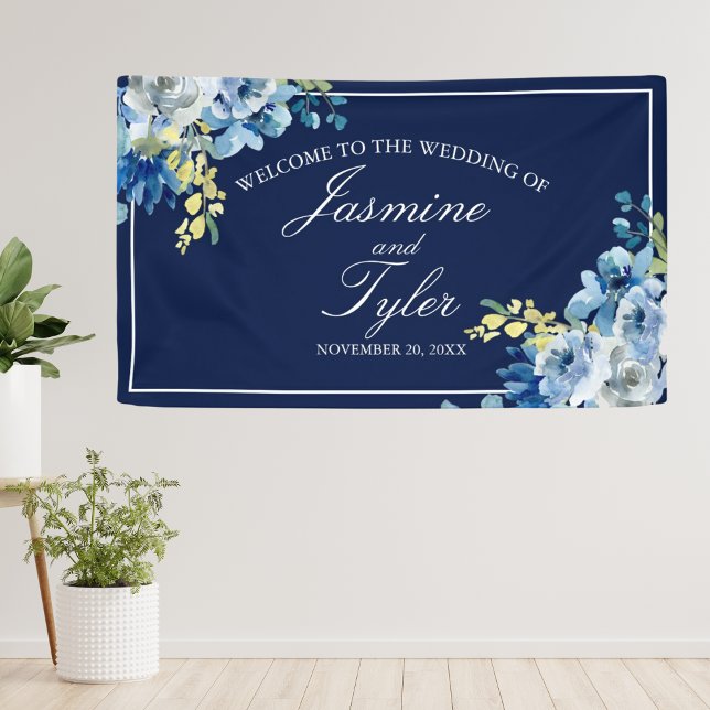 Banderoles Marine Bleu Blanc Floral Élégant Mariage de bienve (Créateur téléchargé)