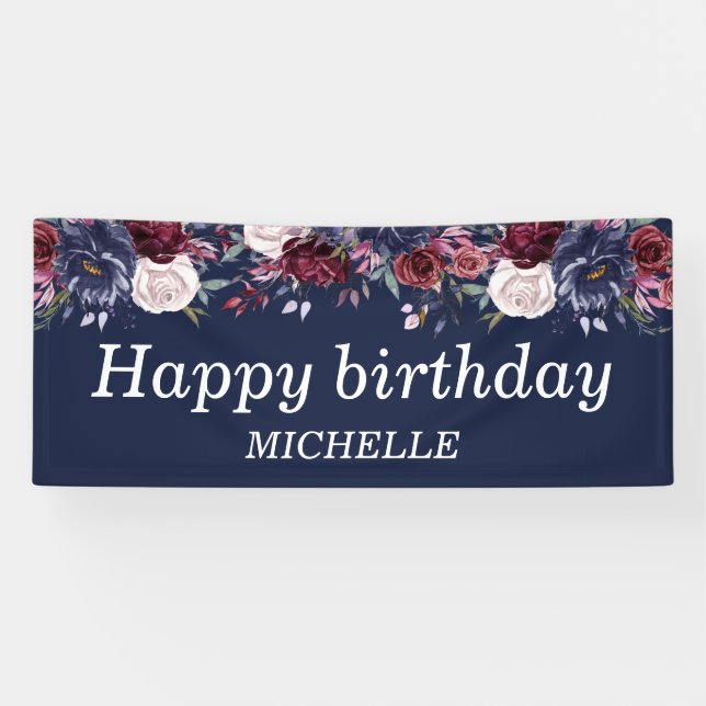 Banderoles Marine Bleu Bourgogne Floral Joyeux Anniversaire N (Horizontal)