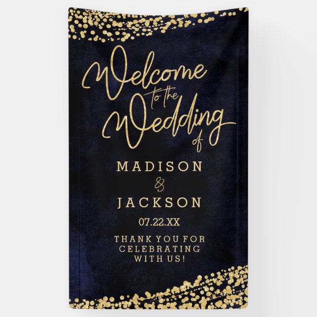 Banderoles Marine Blue Aquarelle or Confetti Mariage Bienvenu (Vertical)
