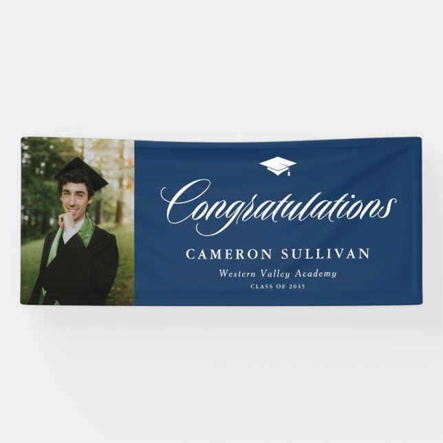 Banderoles Marine Blue Bold Calligraphie Photo Graduation (Horizontal)