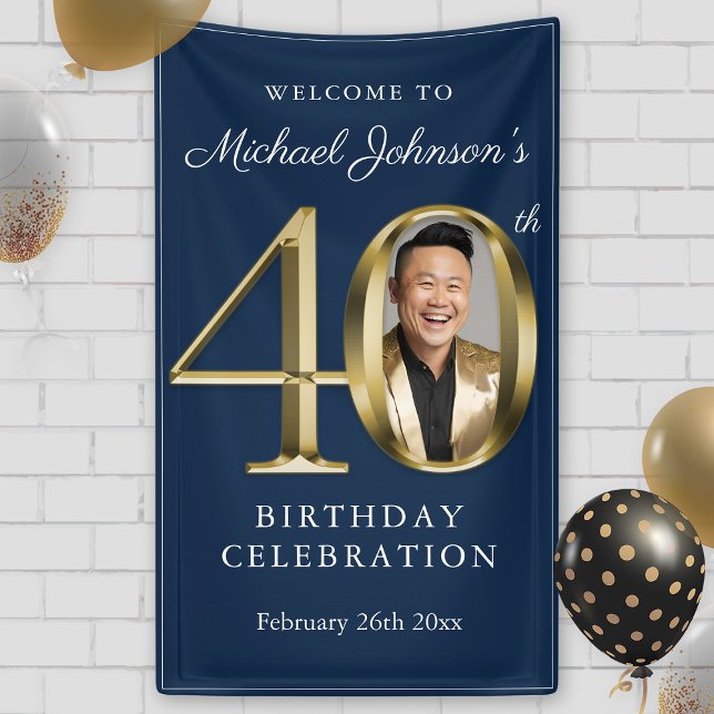 Banderoles Marine Blue Gold Elegant 40e anniversaire fête Bie (Navy Blue Gold Elegant 40th Birthday Party Welcome Banner)