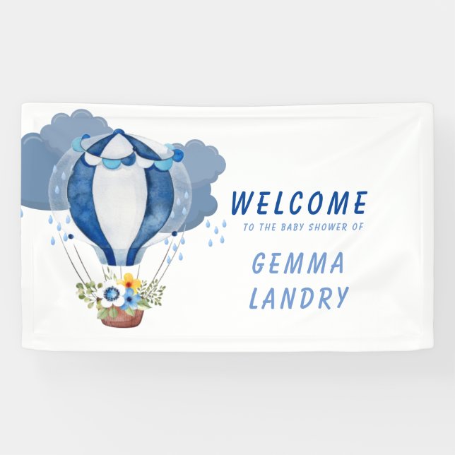 Banderoles Marine Blue Hot Air Balloon Boy Baby shower Bienve (Horizontal)