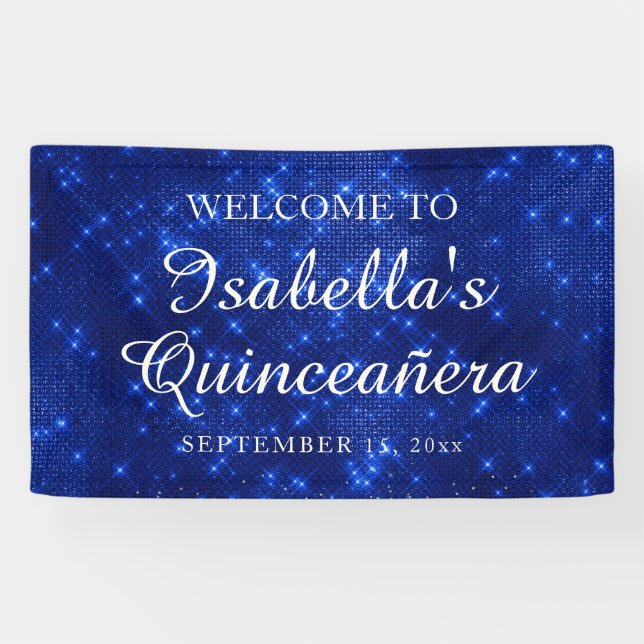Banderoles Marine Blue Sparkling Quinceañera Nom d'accueil (Horizontal)