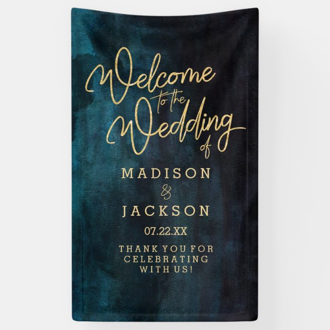 Banderoles Marine Blue & Turquoise Aquarelle or Mariage Bienv (Vertical)