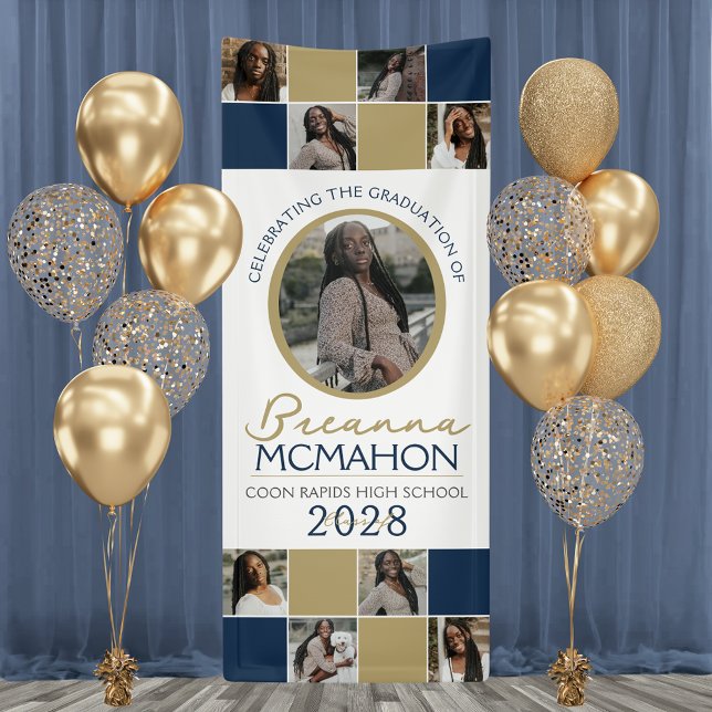 Banderoles Marine & Bronze 9 Photo Collage Graduation Vinyl (Navy Blue and Bronze Gold 9 Photo Graduation Vinyl Hanging Banner. Indoor or Outdoor Available)
