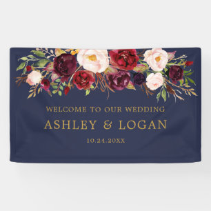 Banderoles Marine Burgundy Aquarelle Florale Mariage Bienvenu