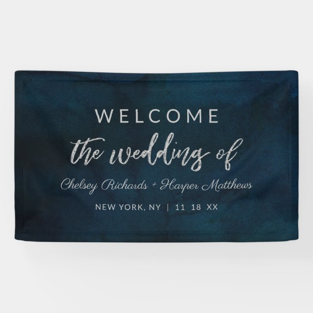 Banderoles Marine Luster Silver Blue Aquarelle Mariage Bienve (Horizontal)