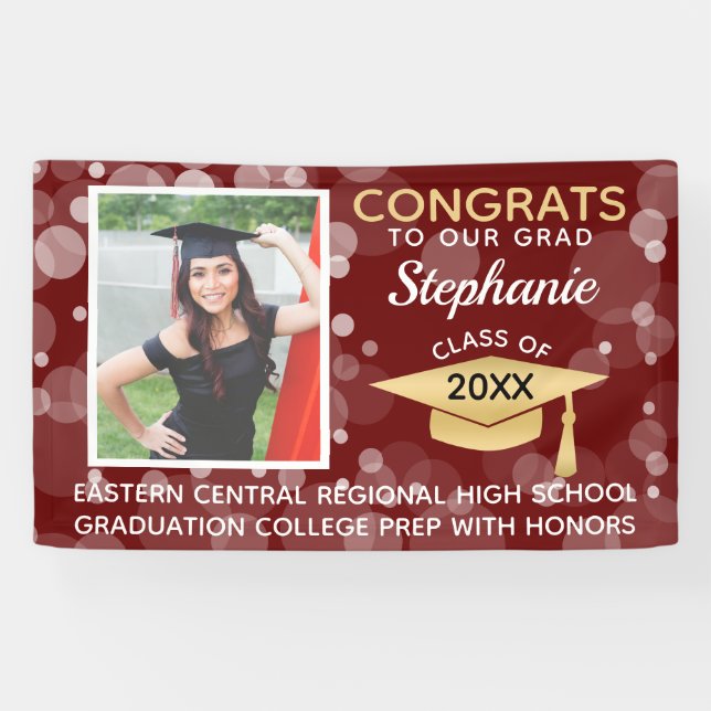 Banderoles Maroon Gold Bubbles Félicitations Photo Graduation (Horizontal)