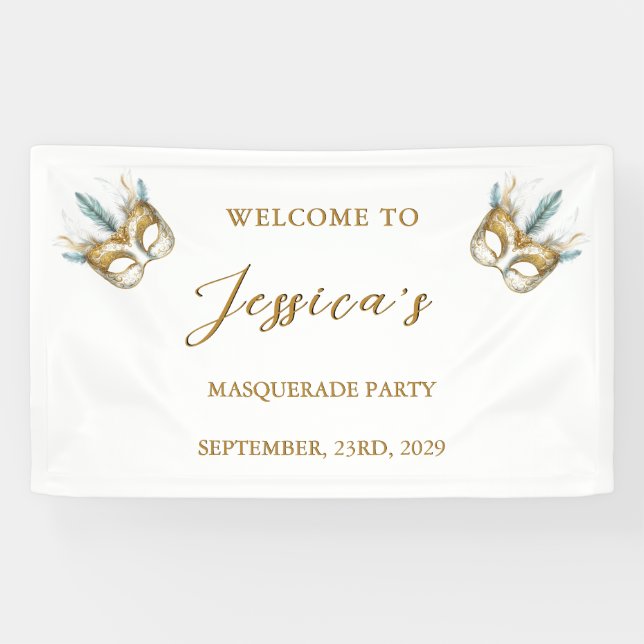 Banderoles Masque or et blanc Masquerade fête Anniversaire (Horizontal)