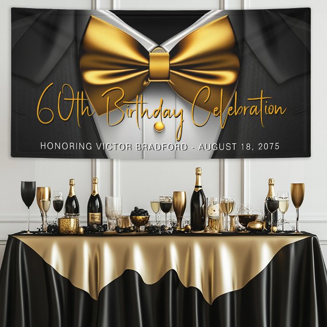 Banderoles Mens Black Gold Tuxedo fête d'anniversaire (Mens black and gold party, event banner with black tuxedo and gold bow tie. Simply add your details.)