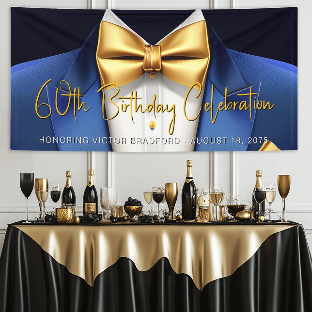 Banderoles Mens Blue Gold Tuxedo fête d'anniversaire (Mens blue and gold birthday party and event banner. Simply add your event details as needed.)