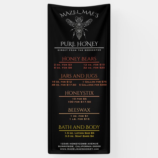 Banderoles Menu de miel Apiary personnalisé (Vertical)