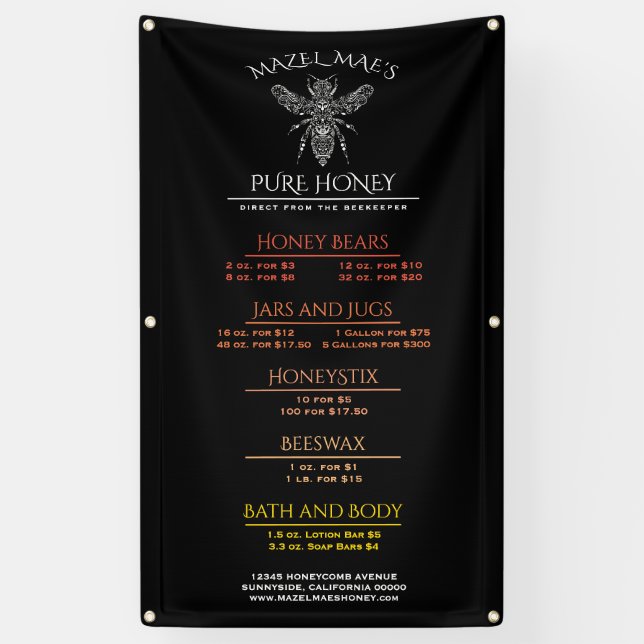 Banderoles Menu de miel Apiary personnalisé (Vertical)