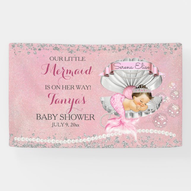Banderoles Mermaid Baby Girl Pink Clam Shell Pearls Seahorse (Horizontal)