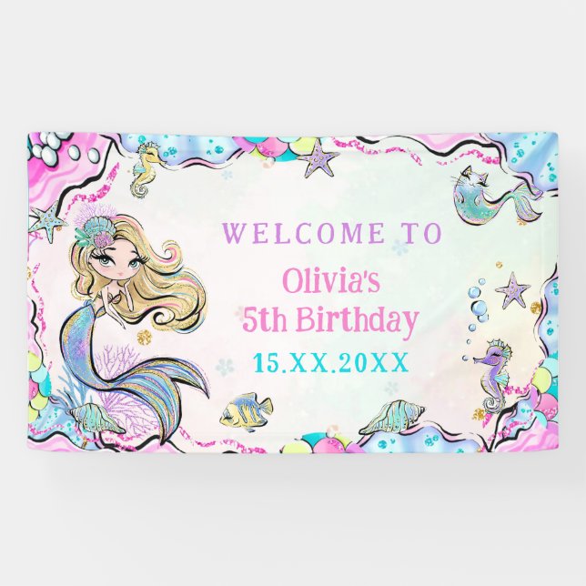 Banderoles Mermaid Girl 5th Birthday Party (Horizontal)