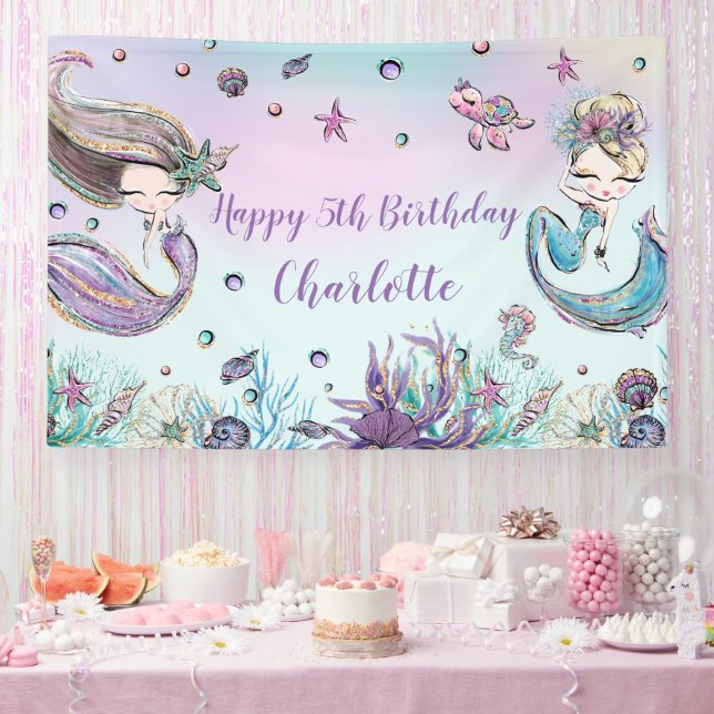 Banderoles Mignonne sirène Anniversaire Piscine arrière-plan  (Fête)