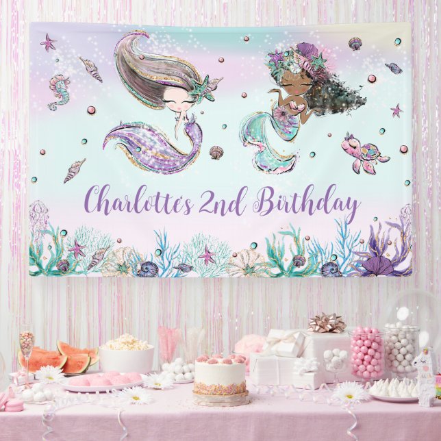 Banderoles Mignonne sirène Anniversaire Piscine arrière-plan  (Fête)