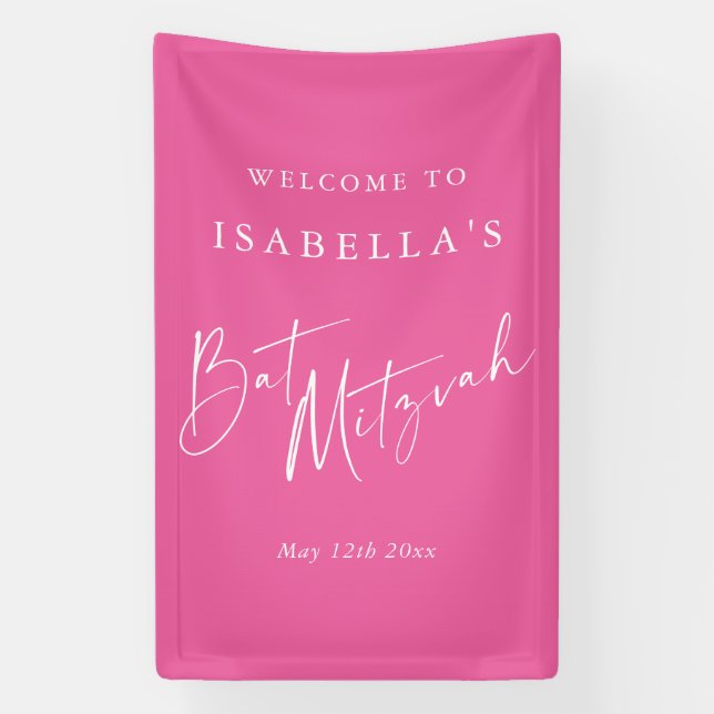 Banderoles Minimalist Hot Pink Custom Bat Mitzvah Welcome (Verticale)