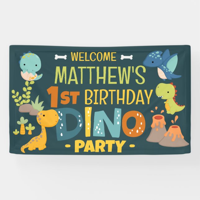 Banderoles Modern Cute Dino Dinosaur Fête d'anniversaire pour (Horizontal)