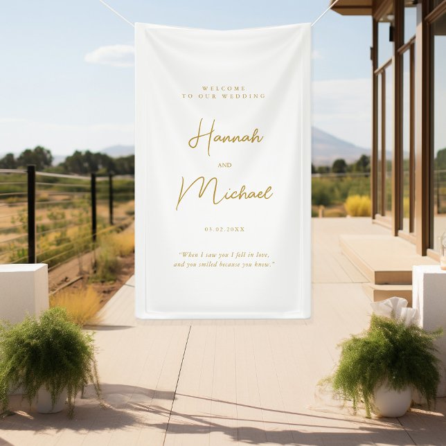 Banderoles Moderne, Blanc, écriture manuscrite Police, Mariag (Elegant, White, Minimal Wedding "Welcome Banner" with your name, date & place for personal words.)
