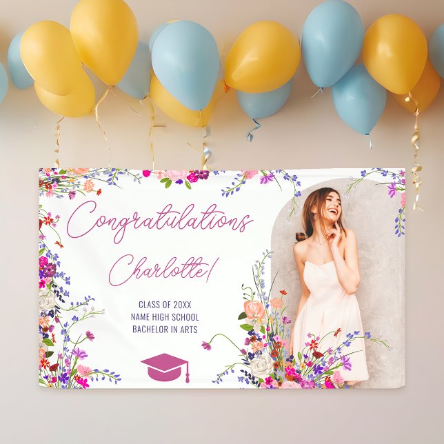 Banderoles Moderne chic fleurs sauvages script graduation pho (Modern chic wild flowers script photo graduation banner)