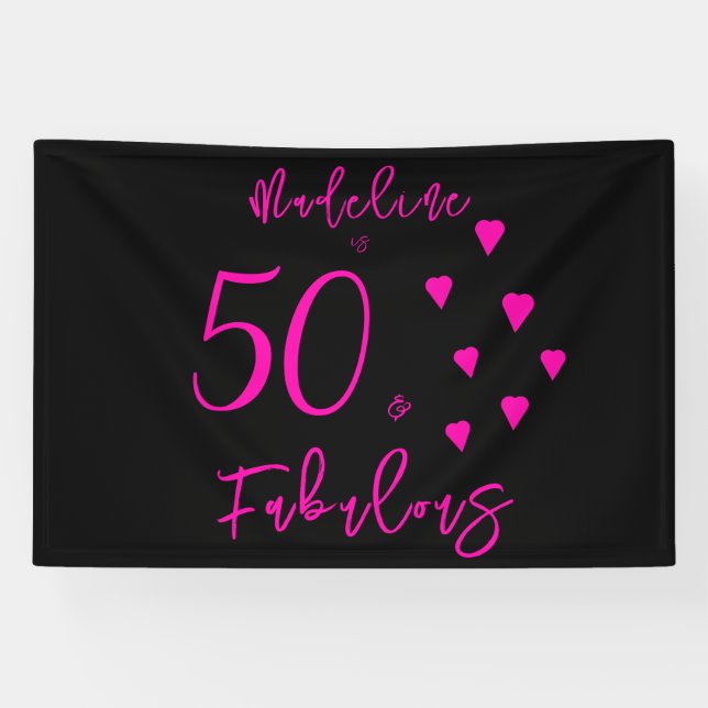 Banderoles Moderne Élégant Coeurs Hot Rose Noir 50e anniversa (Horizontal)