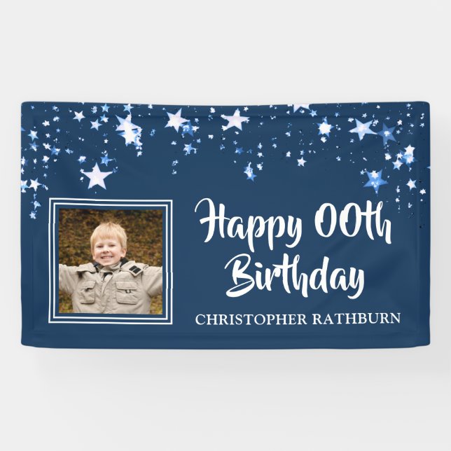 Banderoles Moderne HAPPY # Anniversaire Étoiles Nom photo Ble (Horizontal)