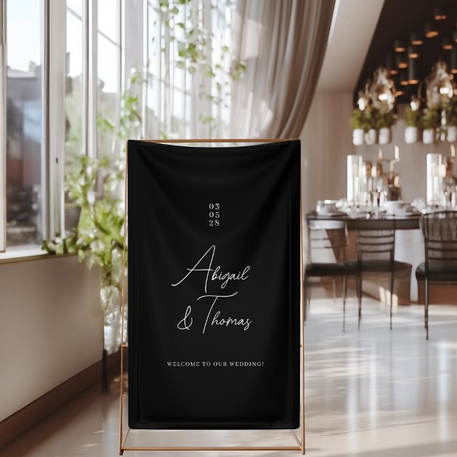 Banderoles Moderne, minimal, noir, mariage (Modern, minimal, black "welcome" wedding banner with your name & date.)