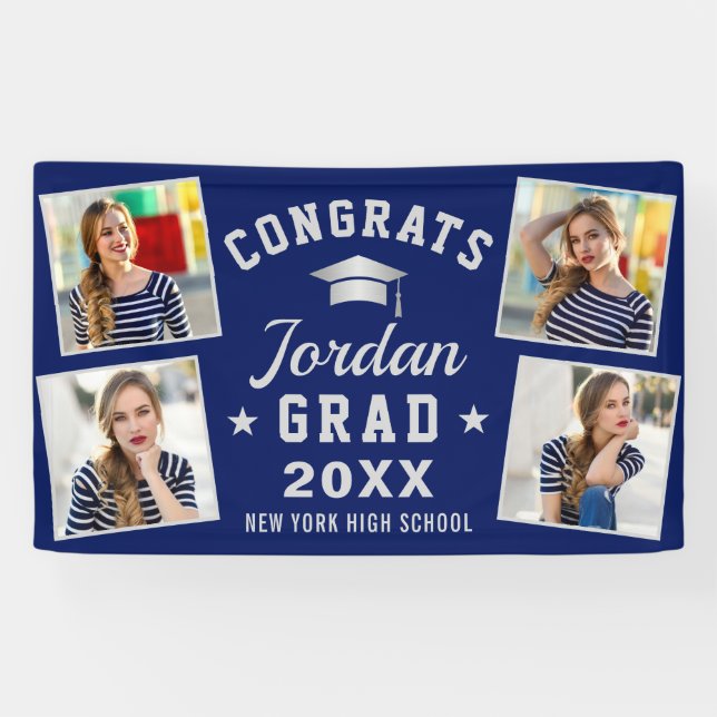 Banderoles Moderne Simple Silver Blue Graduation 4 PHOTO Bann (Horizontal)