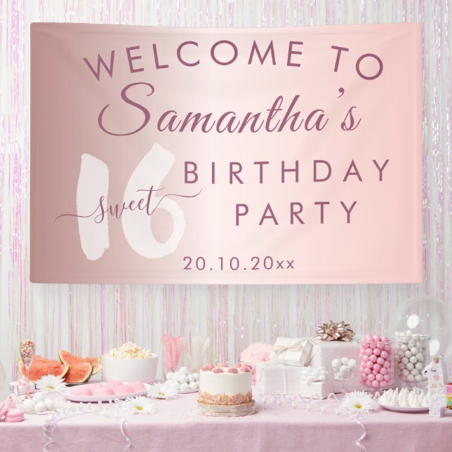 Banderoles Moderne Sweet 16 Anniversaire en métal rose (Fête)