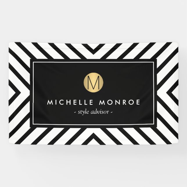 Banderoles Monogramme d'or noir et blanc Motif rétro (Horizontal)