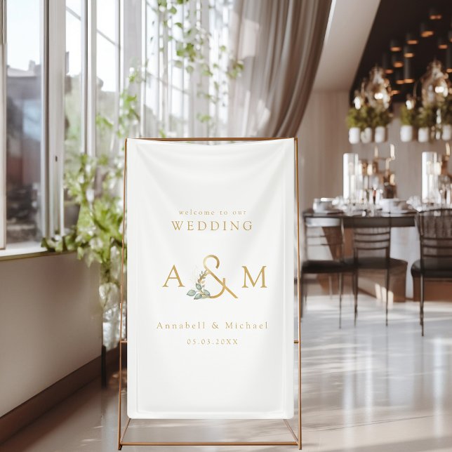 Banderoles Monogramme, Esperluette Eucalyptus, Blanc & Or (Elegant, Modern, Simple, Monogram, Eucalyptus Ampersand, White & Gold Wedding Banner.)