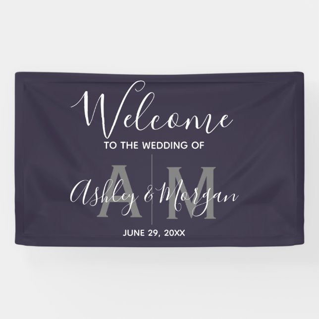Banderoles Monogramme moderne gris et bleu Couple 36x24 Maria (Horizontal)