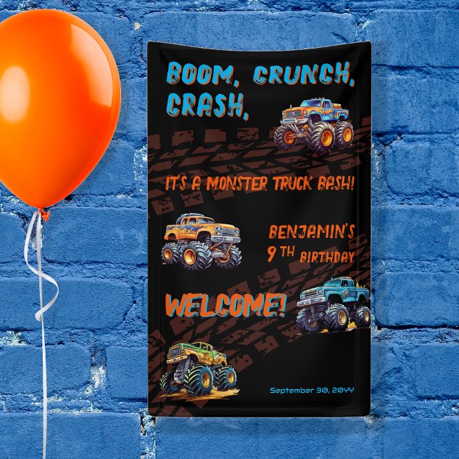 Banderoles Monster Truck Bash Boy 9e fête d'anniversaire ("Boom, Crunch, Crash, It's A Monster Truck Bash" Boy's 9th Birthday Party 3' x 5' banner)