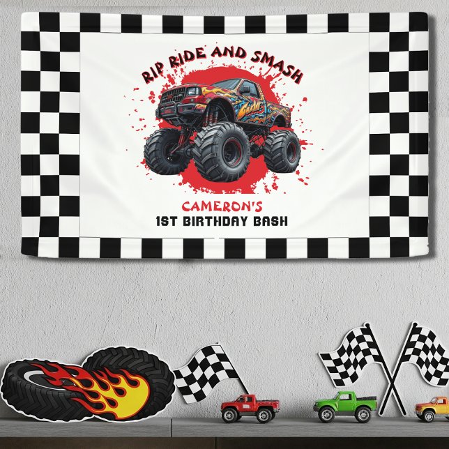 Banderoles Monster Truck Smash À damiers Drapeau 1er annivers (Créateur téléchargé)