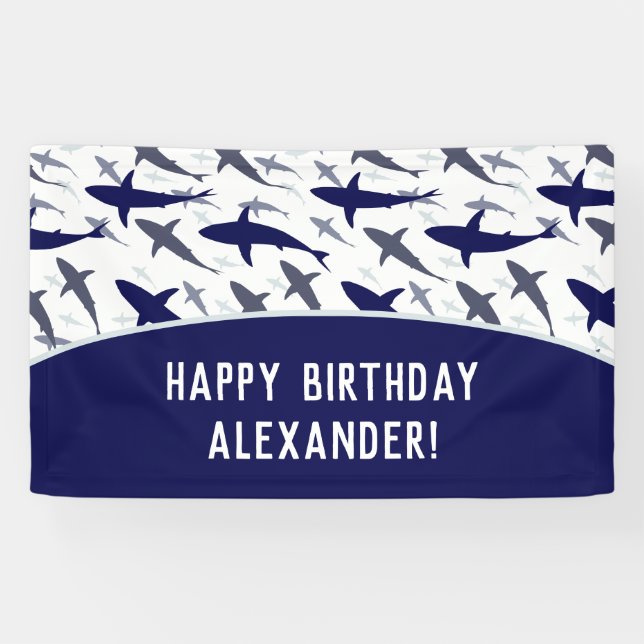 Banderoles Motif de requin bleu avec nom garçon fête d'annive (Horizontal)