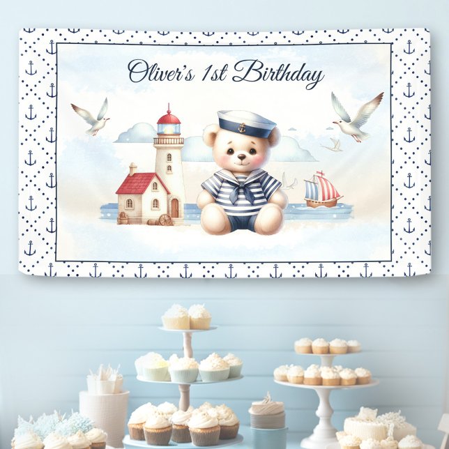Banderoles Nautique marin mignonne ours garçon 1er anniversai (Nautical Sailor Cute Bear Boy 1st Birthday Banner)