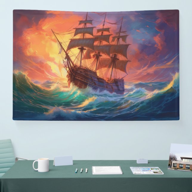 Banderoles Navire À Voile Sur Une Mer Tempérée (Salon professionnel)
