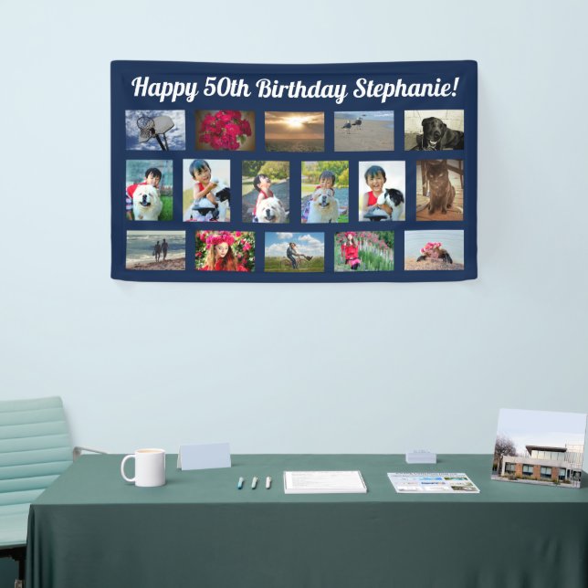 Banderoles Navy Blue Custom 16 Photo Collage Anniversaire (Salon professionnel)