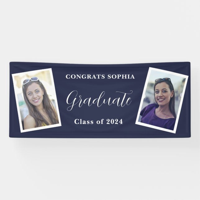 Banderoles Navy Blue Modern 2 Photo Graduation Party (Horizontal)