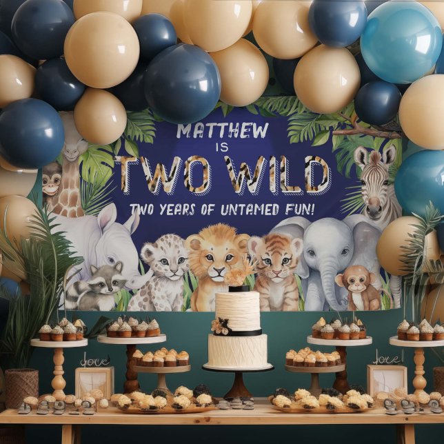 Banderoles Navy Blue Two Wild Safari 2e anniversaire arrière- (Twins, Navy Blue, Safari Themed 2nd Birthday Backdrop.)