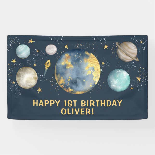 Banderoles Navy Or Galaxie Espace Lune Étoiles Anniversaire (Horizontal)