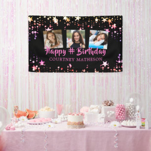 Banderoles N'importe quel âge Anniversaire Black Pink Stars N